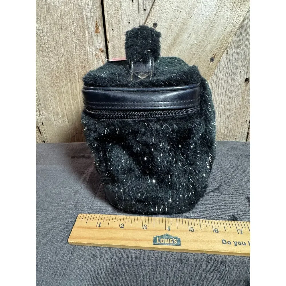 NWOT Claires Faux Fur Plush & Vinyl Black Zipper Cosmetic Bag W/Handle 7